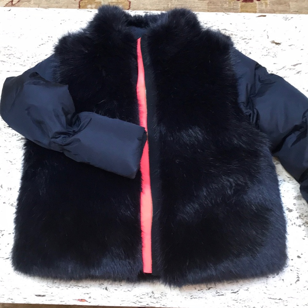 J Crew Crew cuts sz 8 navy blue faux fur parka ❄️
